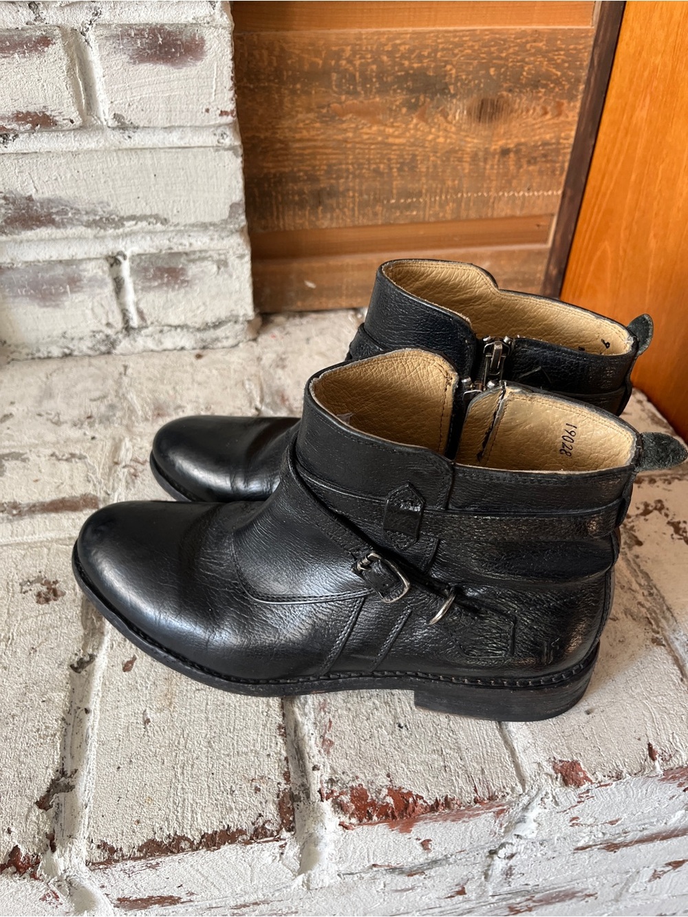 Frye Jayden Black Leather Ankle Zip Booties straps buckle